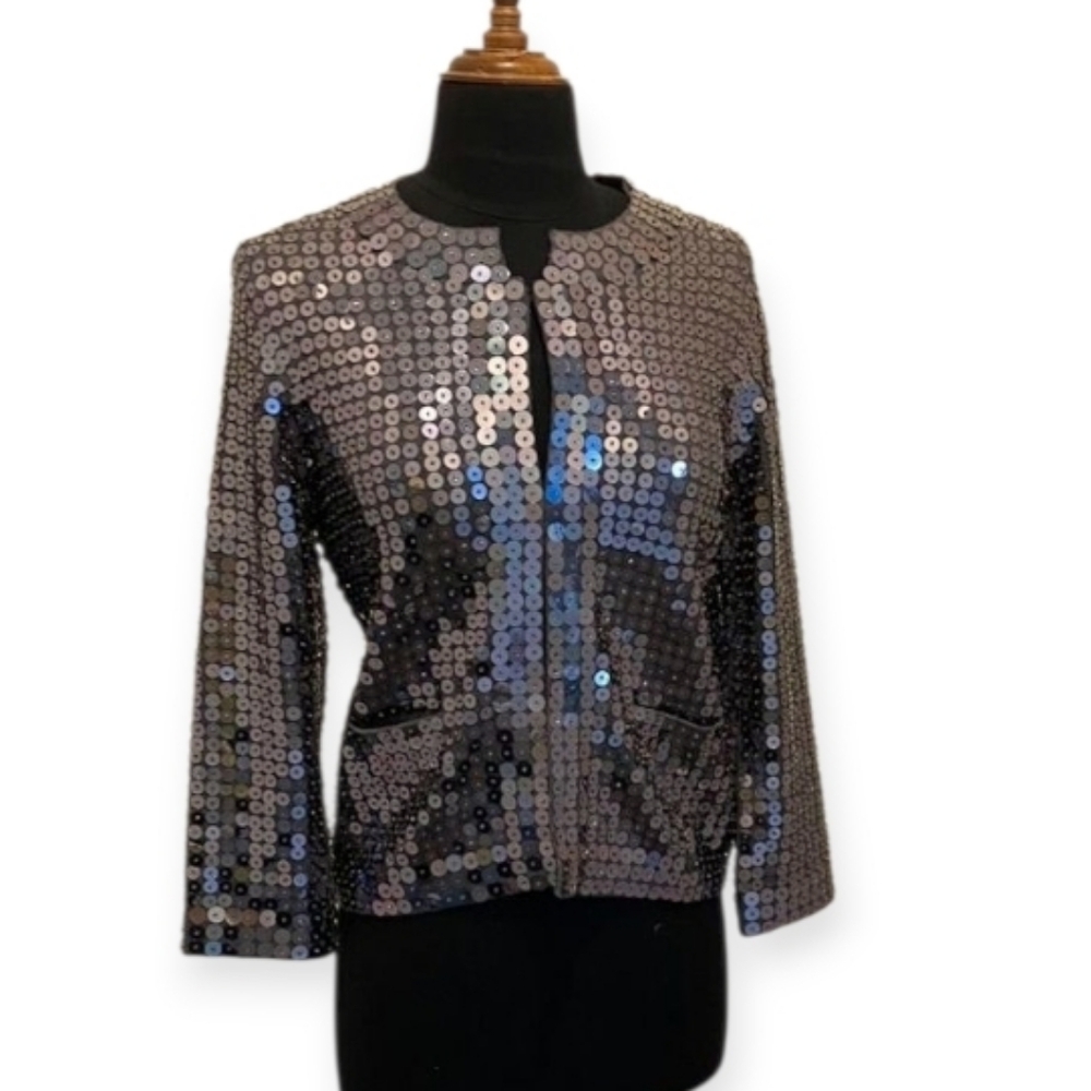 NWT Karen Millen Cropped Silver Sequined Cropped Wool Sweater Jacket 4
